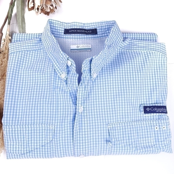 Columbia Blue White Check Super Bonehead Long Sleeve Outdoor Shirt Size XL - Picture 3 of 6
